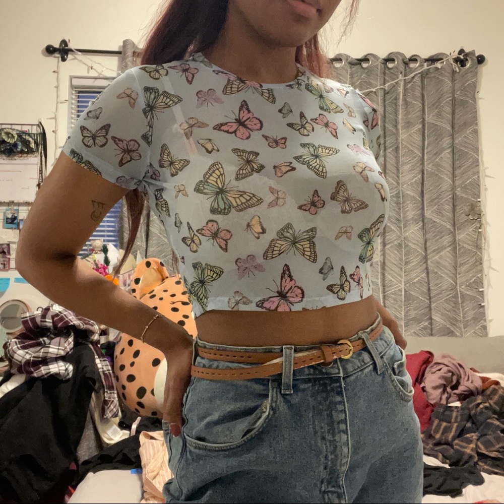 Blue Mesh Butterfly Crop Top